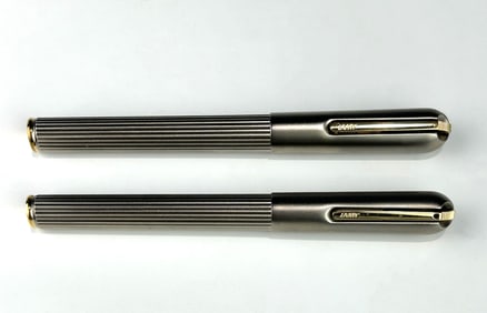 LAMY STAINLESS STEEL RIBBED FOUNTAIN PEN WITH 18K GOLD NIB & MATCHING ROLLERBALL PEN