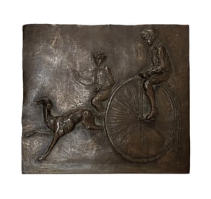 ANTIQUE SIGNED BRONZE RELIEF PLAQUE WITH BICYCLIST AND GREYHOUND