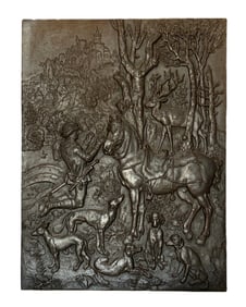 ANTIQUE RECTANGULAR GERMAN BRONZE RELIEF HUNTING SCENE PLAQUE