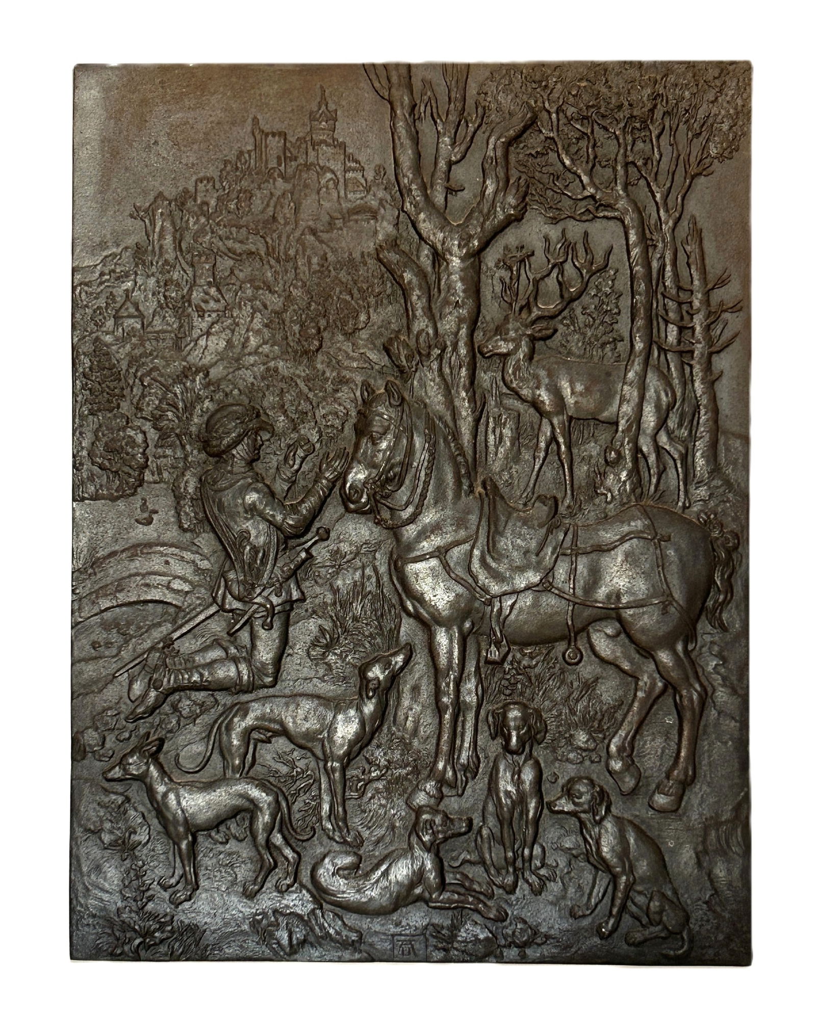 ANTIQUE RECTANGULAR GERMAN BRONZE RELIEF HUNTING SCENE PLAQUE (1 of 3)