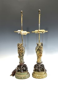 FINE PAIR OF ANTIQUE CHINESE QING DYNASTY SOAPSTONE VASE TABLE LAMPS