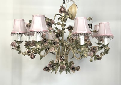 ITALIAN TOLE CHANDELIER WITH METAL ROSES AND PINK SHADES