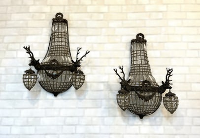 PAIR OF FRENCH BRONZE AND CRYSTAL DEER HEAD WALL SCONCES, CIRCA 1890–1920