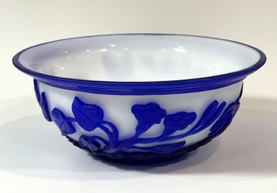 ANTIQUE CHINESE PEKING GLASS BOWL WITH BLUE FLORA OVERLAY