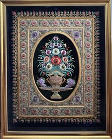 FRAMED ANTIQUE EMBROIDERED TAPESTRY LOADED WITH SEMI-PRECIOUS STONE INSETS