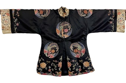 CHINESE QING DYNASTY EMBROIDERED FORBIDDEN STITCH FEMALE SILK ROBE