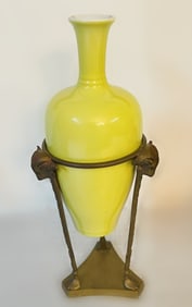 ANTIQUE CHINESE QING/REPUBLIC YELLOW GLAZE BALUSTER VASE WITH BRONZE STAND