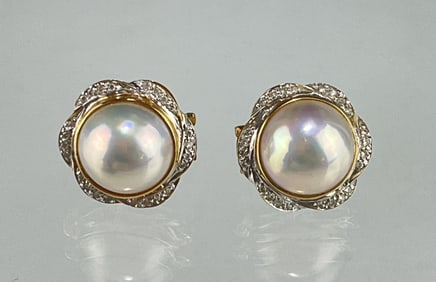 PAIR OF 14K GOLD, DIAMOND, AND MABE PEARL EARRINGS