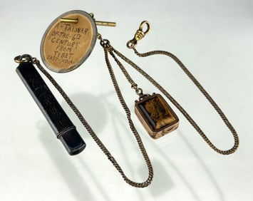 VICTORIAN WATCH FOB WITH STERLING SILVER PENCIL HOLDER AND 14K ROSE GOLD TIGER'S EYE PENDANT