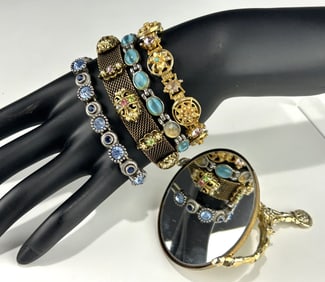 LOT OF FOUR VINTAGE BRACELETS WITH ORNATE HAND MIRROR