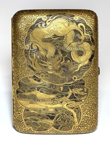 ANTIQUE JAPANESE ETCHED AND GILT CIGARETTE CASE WITH DRAGON, PHOENIX AND LANDSCAPE