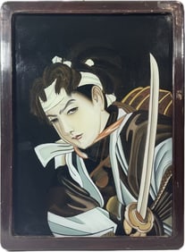 ANTIQUE JAPANESE MEIJI PERIOD REVERSE PAINTED GLASS PANEL WITH A SAMURAI WARRIOR