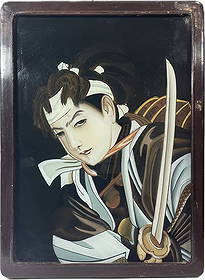 ANTIQUE JAPANESE MEIJI PERIOD REVERSE PAINTED GLASS PANEL WITH A SAMURAI WARRIOR: Featuring a striking portrayal of a samurai warrior. The panel skillfully captures the warrior's intense gaze and resolute expression, characteristic of the era's artistic representations of military