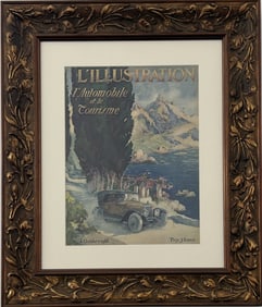 FRAMED ANTIQUE 1906 L'ILLUSTRATION MAGAZINE COVER, "L'AUTOMOBILE ET LE TOURISME,"