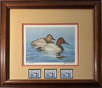 1984 NEW JERSEY WATERFOWL CANVASBACK STAMP & PRINT BY TOM HIRATA
