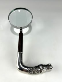 STERLING SILVER AND WOOD EQUESTRIAN HANDLE MAGNIFYING GLASS, MID-20TH CENTURY