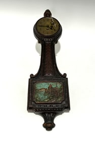 VINTAGE CAST METAL BANJO-FORM CLOCK WITH WINDING KEY, MID-20TH CENTURY