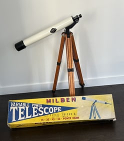 VINTAGE MILBEN VARIABLE POWER TELESCOPE WITH WOODEN TRIPOD AND ORIGINAL BOX