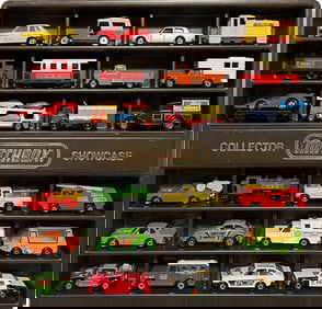 VINTAGE MATCHBOX DIE-CAST VEHICLES IN COLLECTOR SHOWCASE, CIRCA 1970s