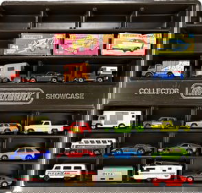 VINTAGE MATCHBOX VEHICLES IN COLLECTOR SHOWCASE, CIRCA 1970s