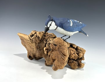 VINTAGE HAND-CARVED LIFE-SIZE BLUE JAY ON BURL ROOT BASE