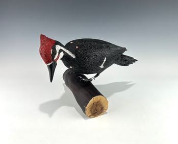 VINTAGE HAND-CARVED LIFE-SIZE PILEATED WOODPECKER ON LOG BASE