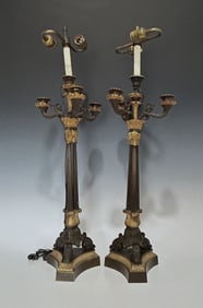 PAIR OF 19TH CENTURY PATINATED AND GILT BRONZE FRENCH EMPIRE CANDELABRA LAMPS