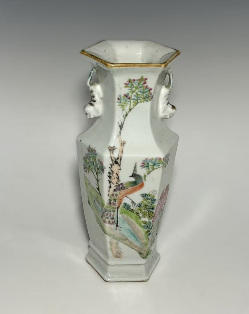 ANTIQUE CHINESE FAMILLE ROSE HEXAGONAL PORCELAIN VASE WITH BEAST-MASK HANDLES: Qing Dynasty (19th century) Chinese porcelain vase of hexagonal form, finely enameled in famille rose palette, decorated with bird, flower and vertical poetic inscriptions in black enamel with red sea