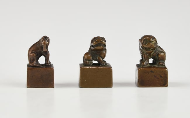 THREE ANTIQUE CHINESE QING DYNASTY BRONZE ZODIAC SEALS (1 of 6)