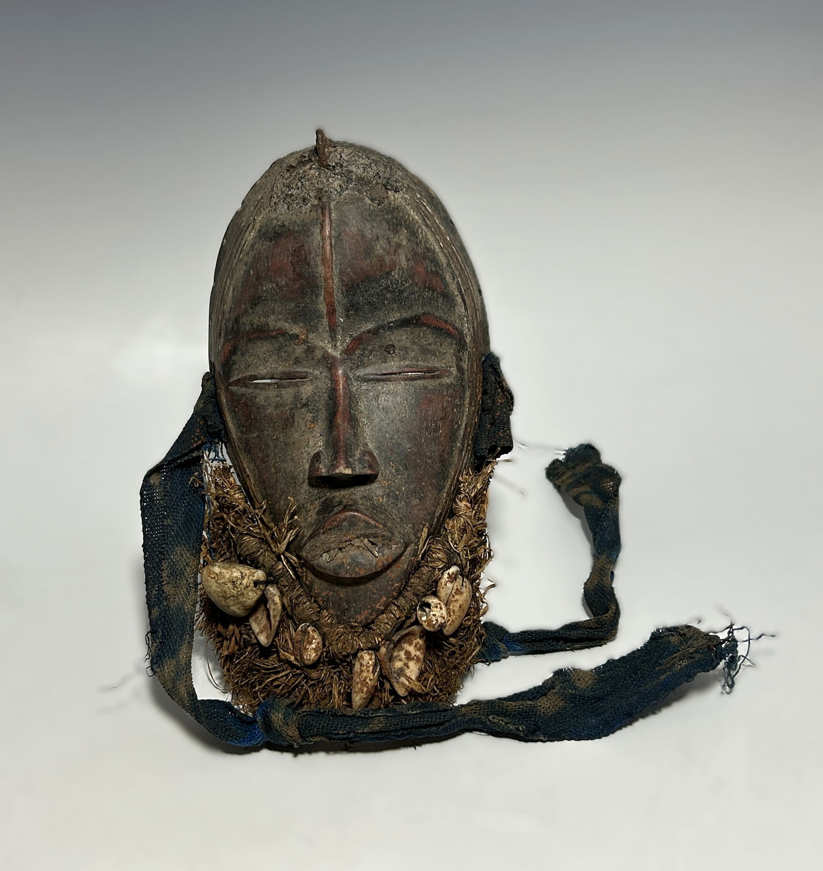 AFRICAN ANTIQUE DAN TRIBE MALE WOOD MASK WITH SHELL AND RAFFIA ADORNMENT, LIBERIA / IVORY COAST (1 of 3)