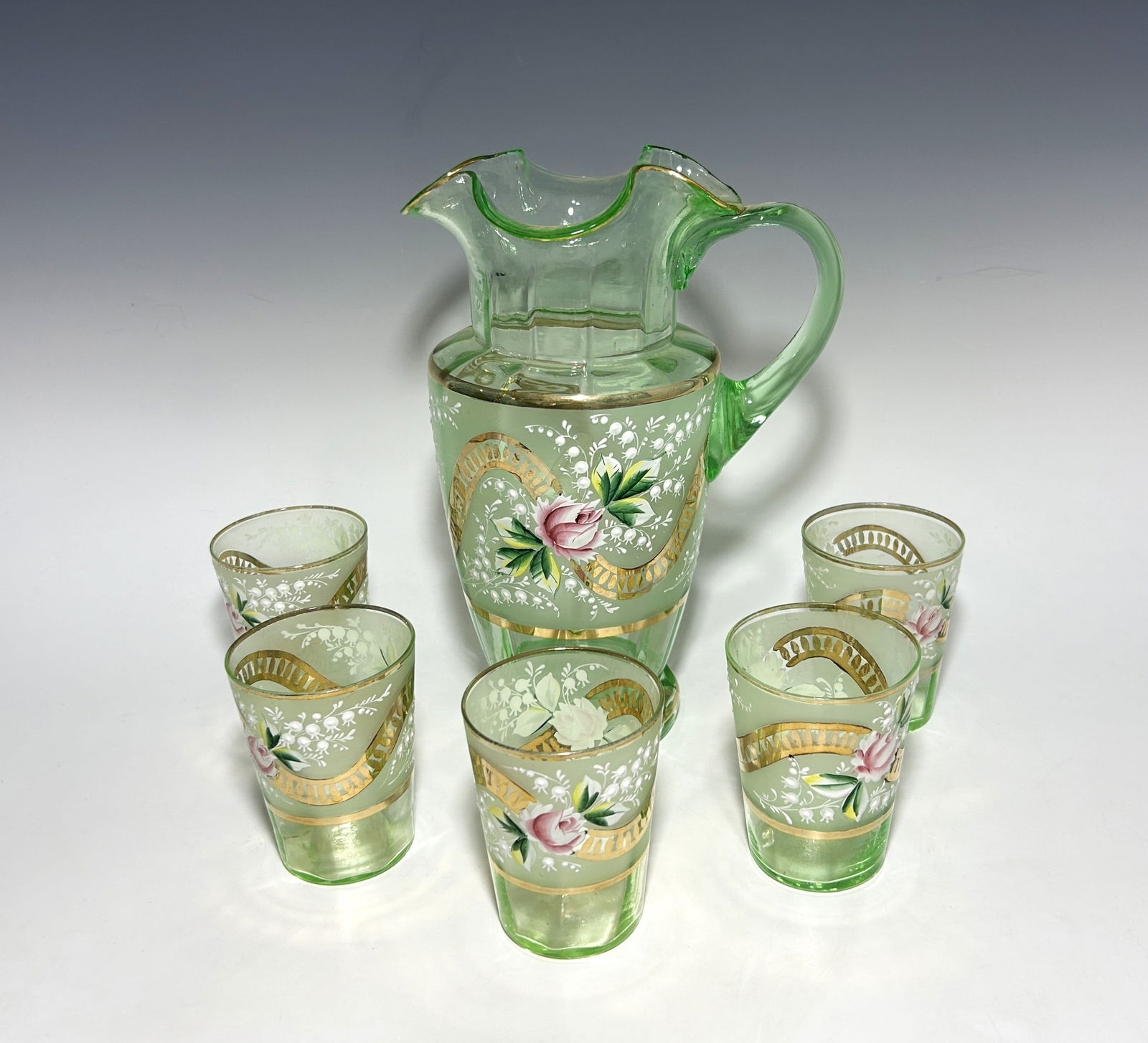 ANTIQUE VICTORIAN GREEN ENAMELED FLORAL PATTERN GLASS LEMONADE SET (1 of 4)