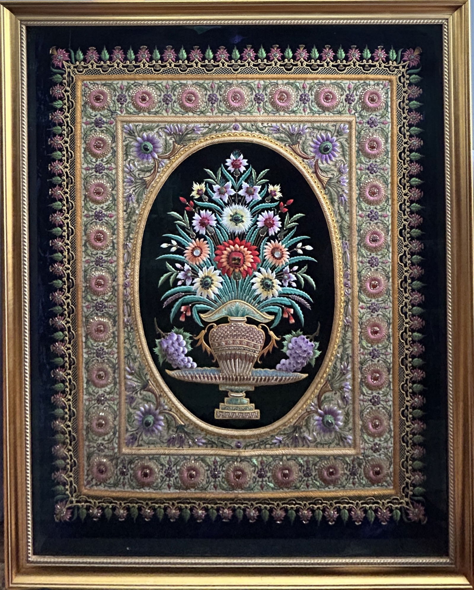 FRAMED ANTIQUE EMBROIDERED TAPESTRY LOADED WITH SEMI-PRECIOUS STONE INSETS (1 of 14)