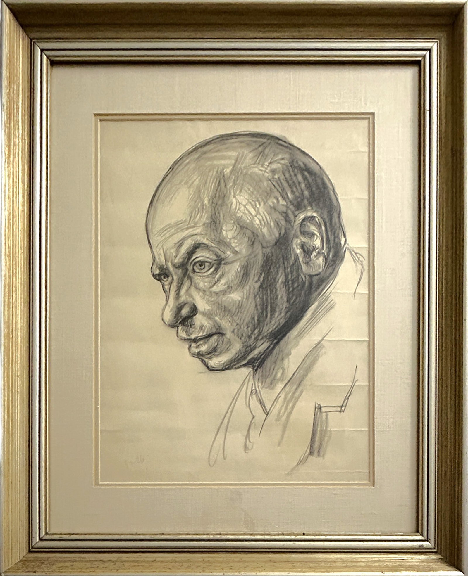 FRAMED HOLOCAUST-ERA CHARCOAL PORTRAIT DRAWING OF A MAN SIGNED GEORG LEOPOLD: Circa 1930s to 1940s, in the style of Psychological Realism/Catastrophe Art. Charcoal or graphite portrait drawing depicting the profile of a man, rendered with expressive shading and careful modeling