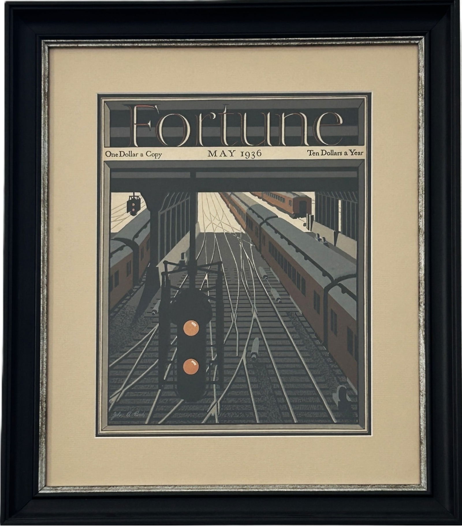 FRAMED SEPTEMBER 1936 FORTUNE MAGAZINE COVER, "THE TRAIN", ART DECO EPHEMERA: Professionally framed and matted under clear glazing, this is an original cover from the esteemed Fortune Magazine, dated May 1936. Issued during the height of the Great Depression, featuring a meticu