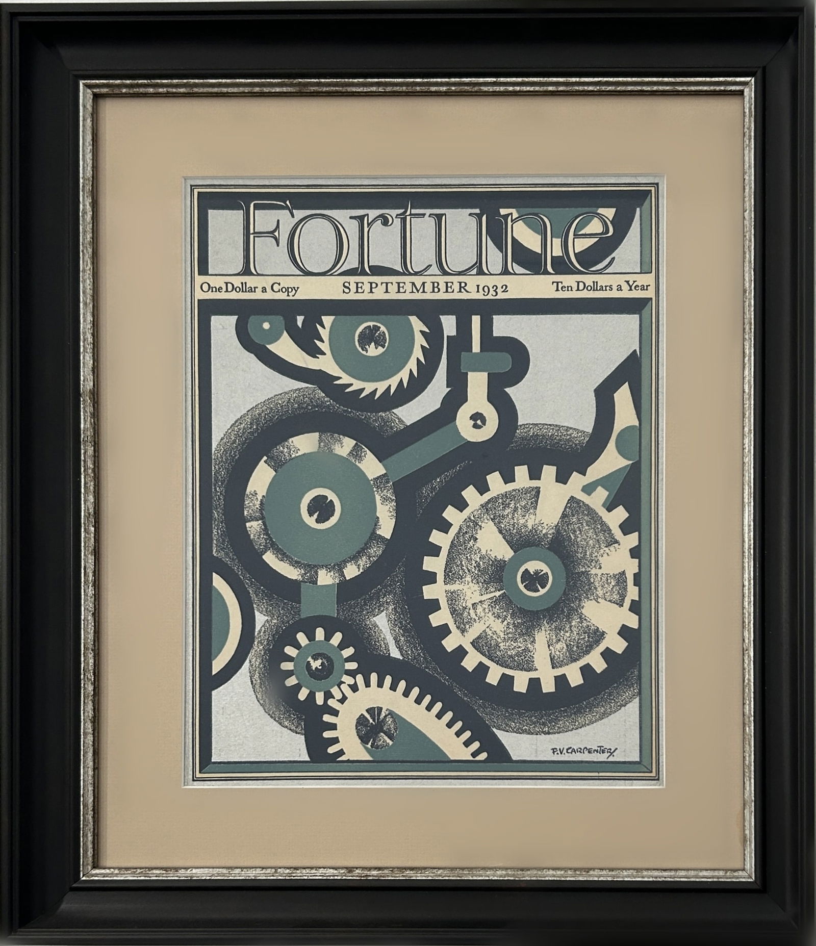 FRAMED SEPTEMBER 1932 FORTUNE MAGAZINE COVER, "COGS IN THE MACHINE", ART DECO EPHEMERA: Professionally framed and matted under clear glazing, this is an original cover from the esteemed Fortune Magazine, dated September 1932. Issued during the worst time of the Great Depression, the cove