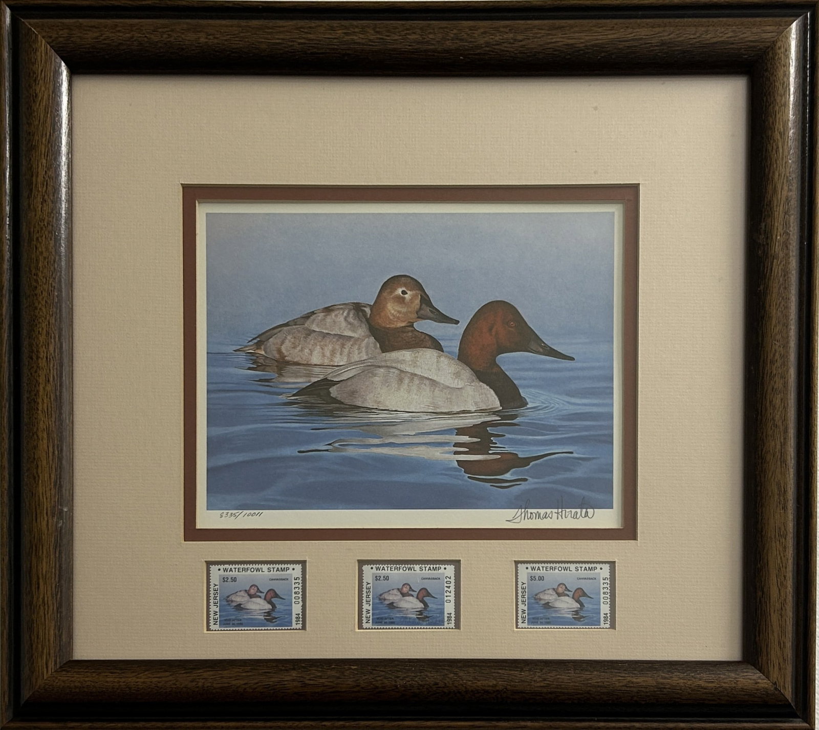 1984 NEW JERSEY WATERFOWL STAMP & PRINT BY TOM HIRATA: Limited edition print depicting a pair of canvasback ducks swimming on open water. Three 1984 New Jersey Waterfowl stamps are mounted beneath the print. The print and stamps are professionally framed
