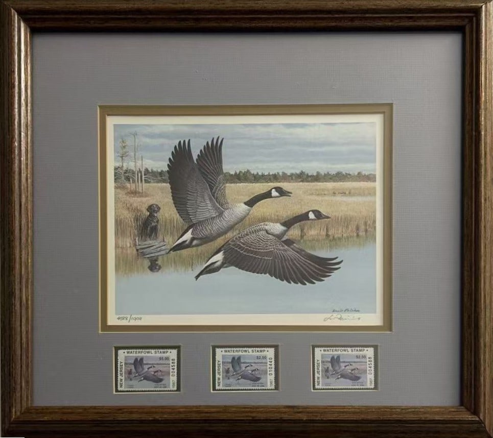 1987 NEW JERSEY WATERFOWL STAMP & PRINT BY LOUIS FRISINO: Limited edition print depicting Canada geese in flight over a marsh landscape, with a retriever visible along the water’s edge. Three 1987 New Jersey Waterfowl stamps are mounted beneath the print.