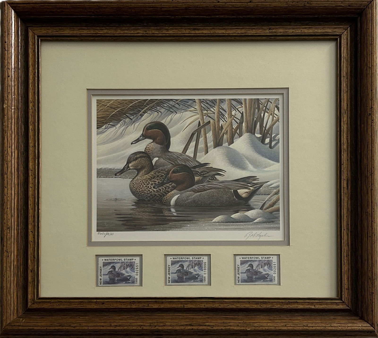 1988 NEW JERSEY MIGRATORY WATERFOWL STAMP & PRINT BY ROB LESLIE: Limited edition print featuring a group of ducks resting along a winter marsh shoreline. Three New Jersey Migratory Waterfowl stamps present, each mounted beneath the print. The print and stamps are p