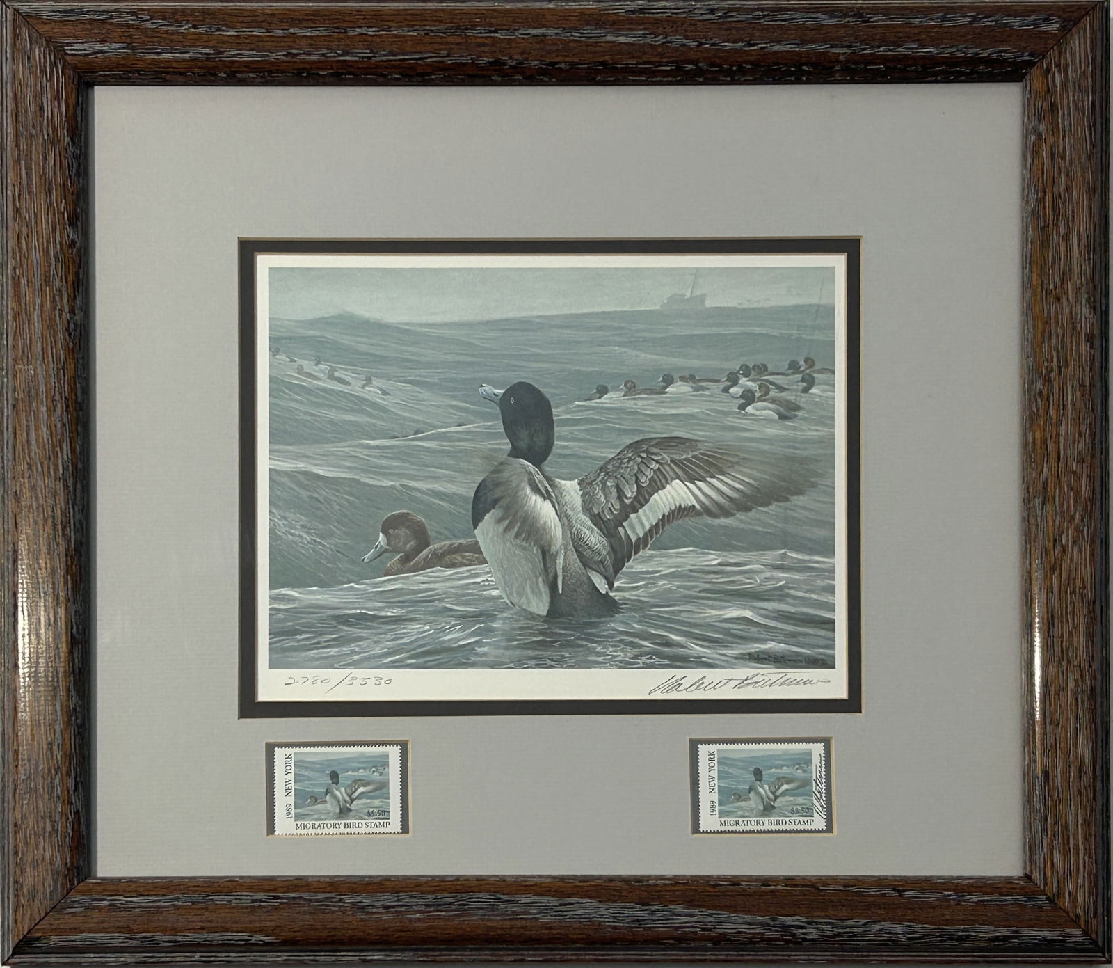1989 NEW YORK MIGRATORY BIRD STAMP & PRINT BY ROBERT BATEMAN: Limited edition featuring ducks riding on waves. Print numbered upon the lower left and signed upon the lower right by the artist in pencil. Two stamps present, one bearing the artist’s signature. B