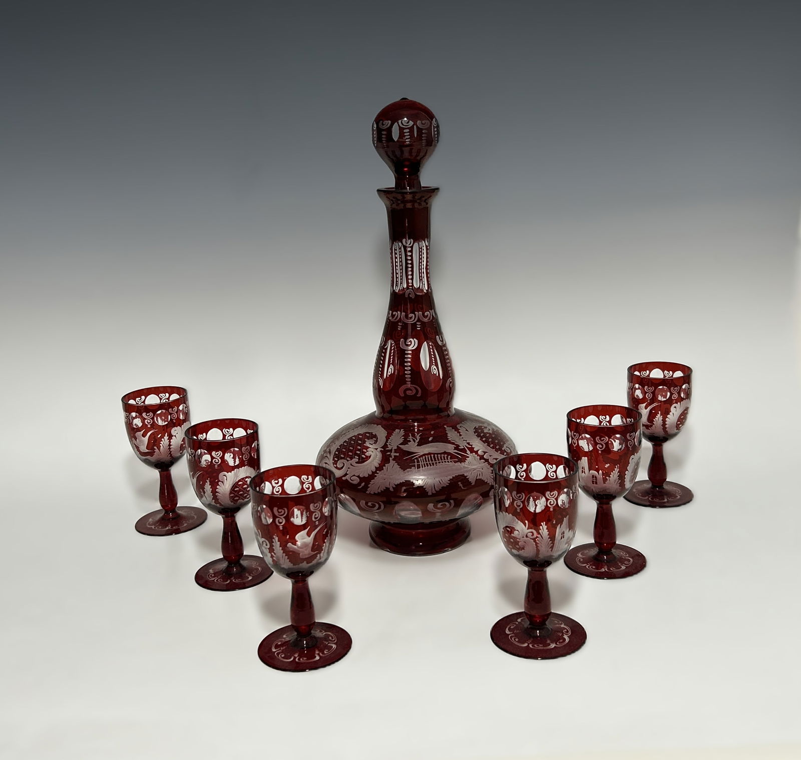 VINTAGE EGERMANN BOHEMIAN RUBY RED CUT-TO-CLEAR GLASS DECANTER SET (1 of 9)