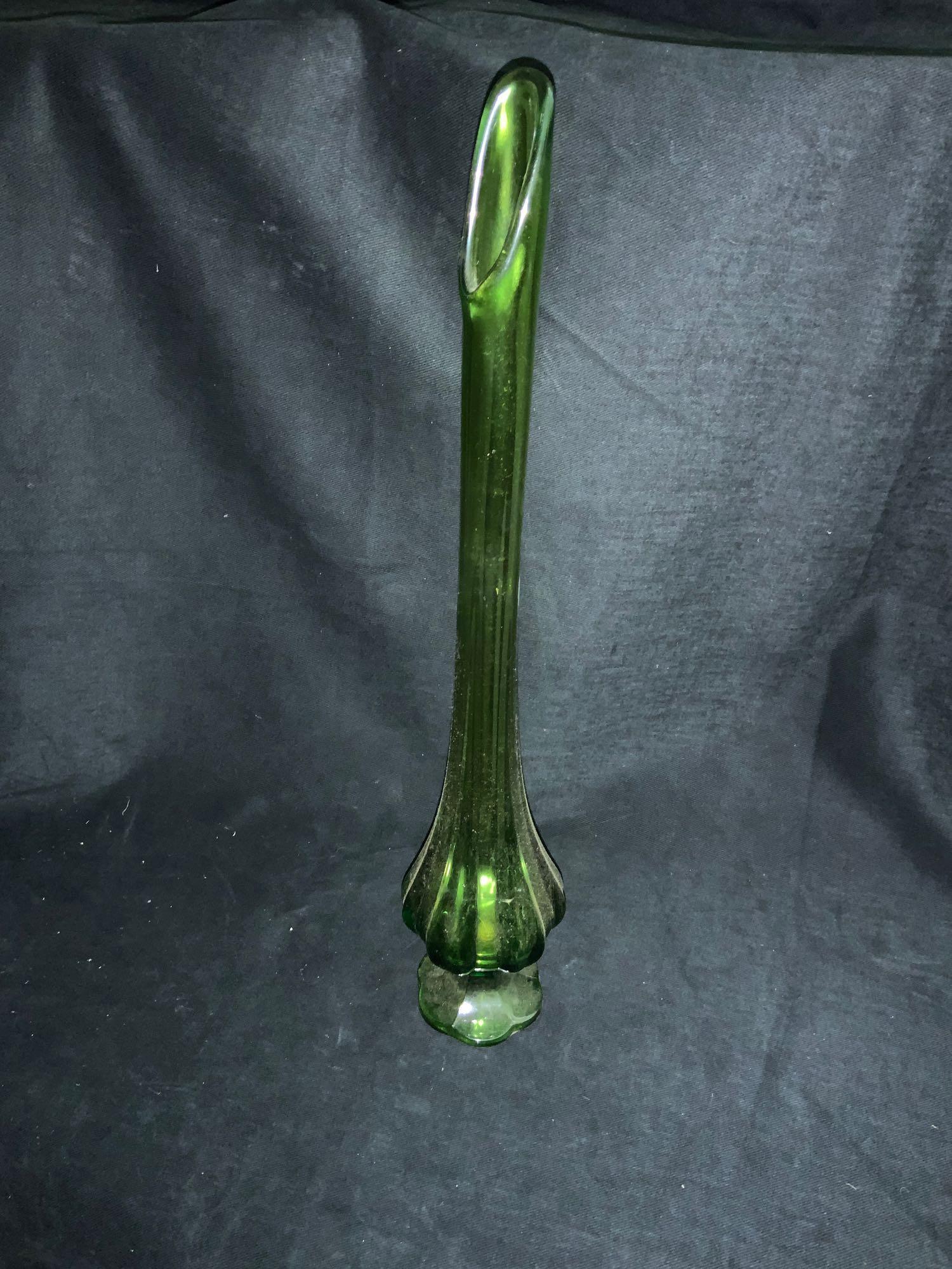 Tall green glass vase: Tall green glass vase approximately 20 inches tall maker Viking handmade...