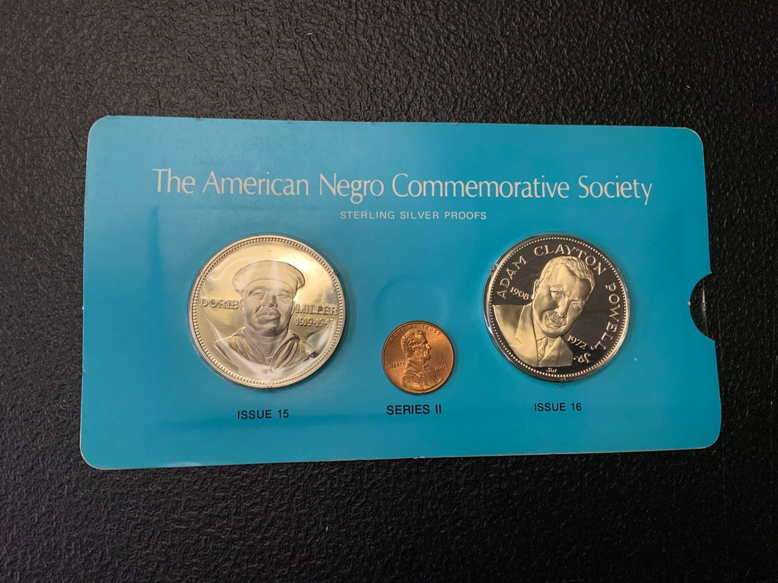 The American Negro commemorative society sterling: The American Negro commemorative society sterling silver proofs serious to issue 15 and 16 Dorie Miller, 1919/1943 issue 15, Adam Clayton Powell 1908/1972 approximate weight .78 ounces each, .925 Silv