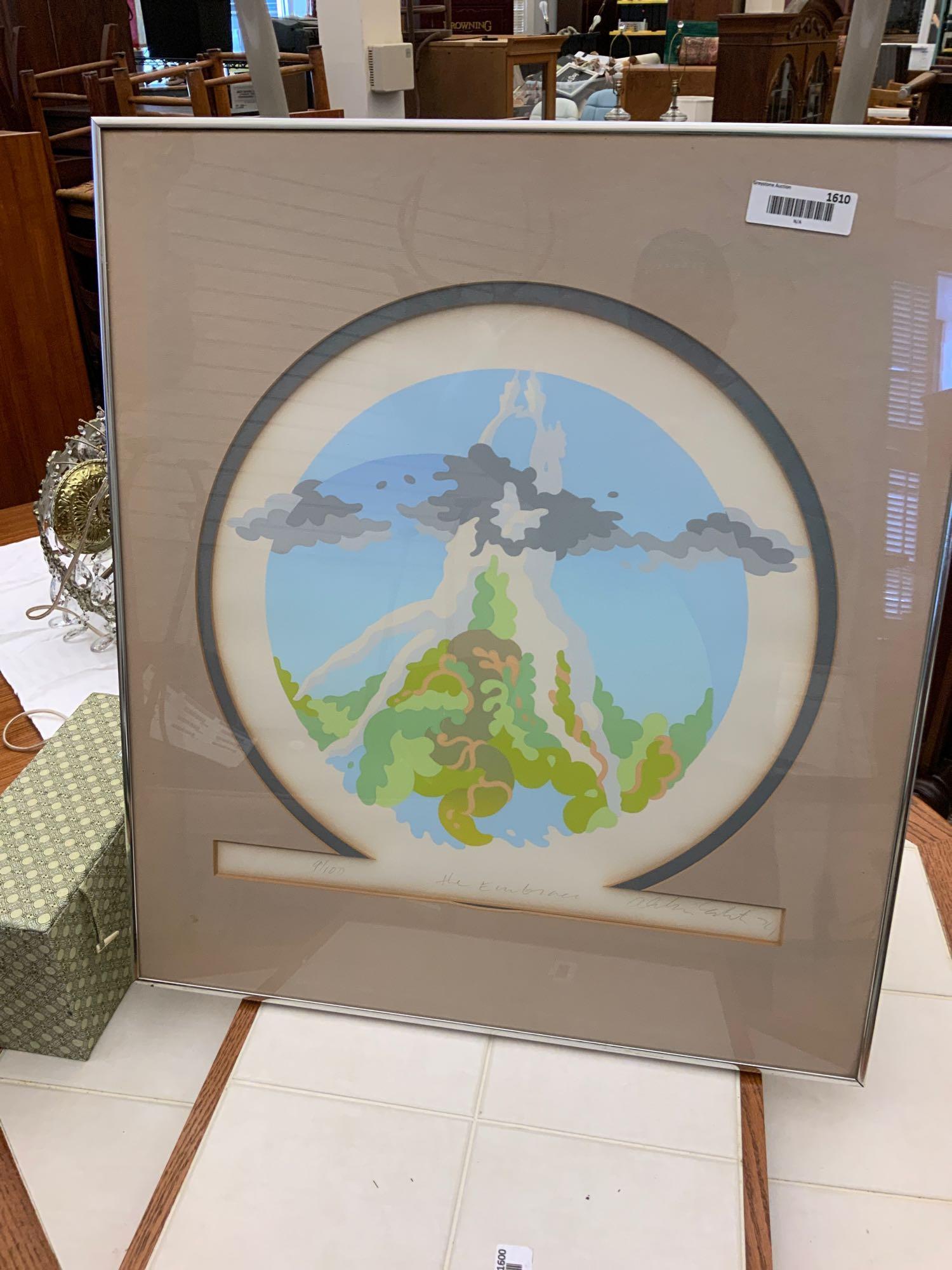 Signed framed and matted print: Signed framed and matted print call embrace number nine of 100 with artist signature matted on a chrome frame has a very modern appearance from the 70s. Approximate size, 24 inches wide by 28 inches t