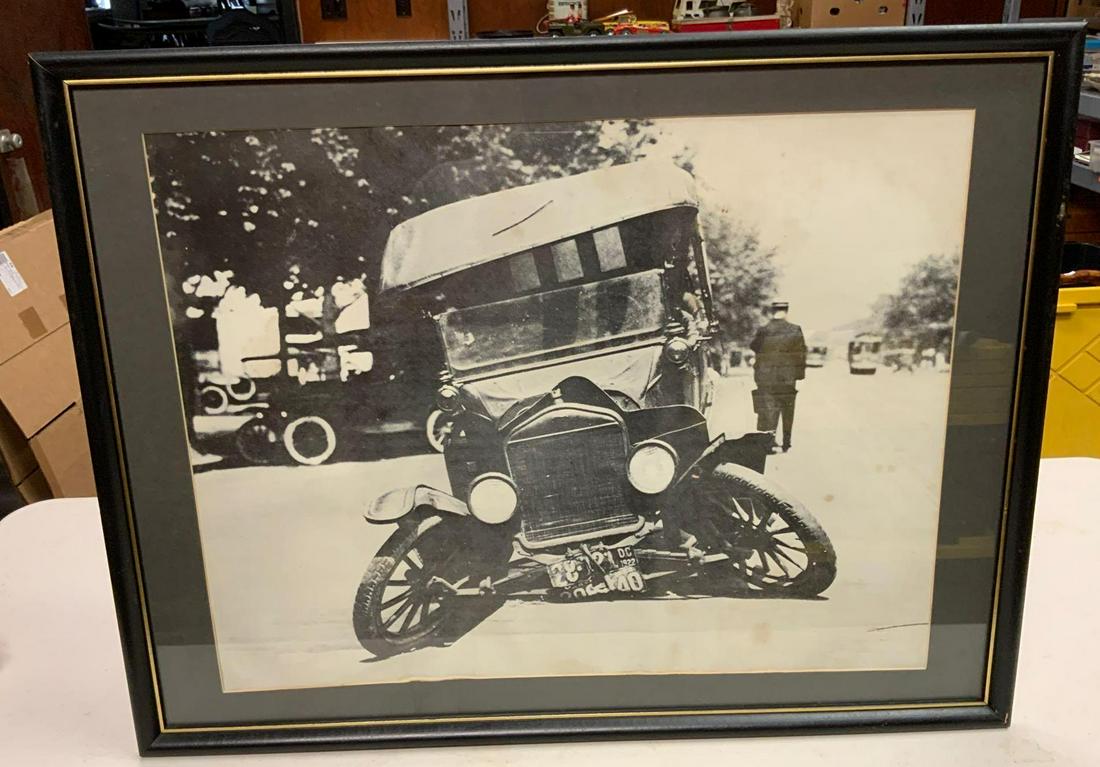 Black and white matted framed picture of a Ford with (1 of 2)
