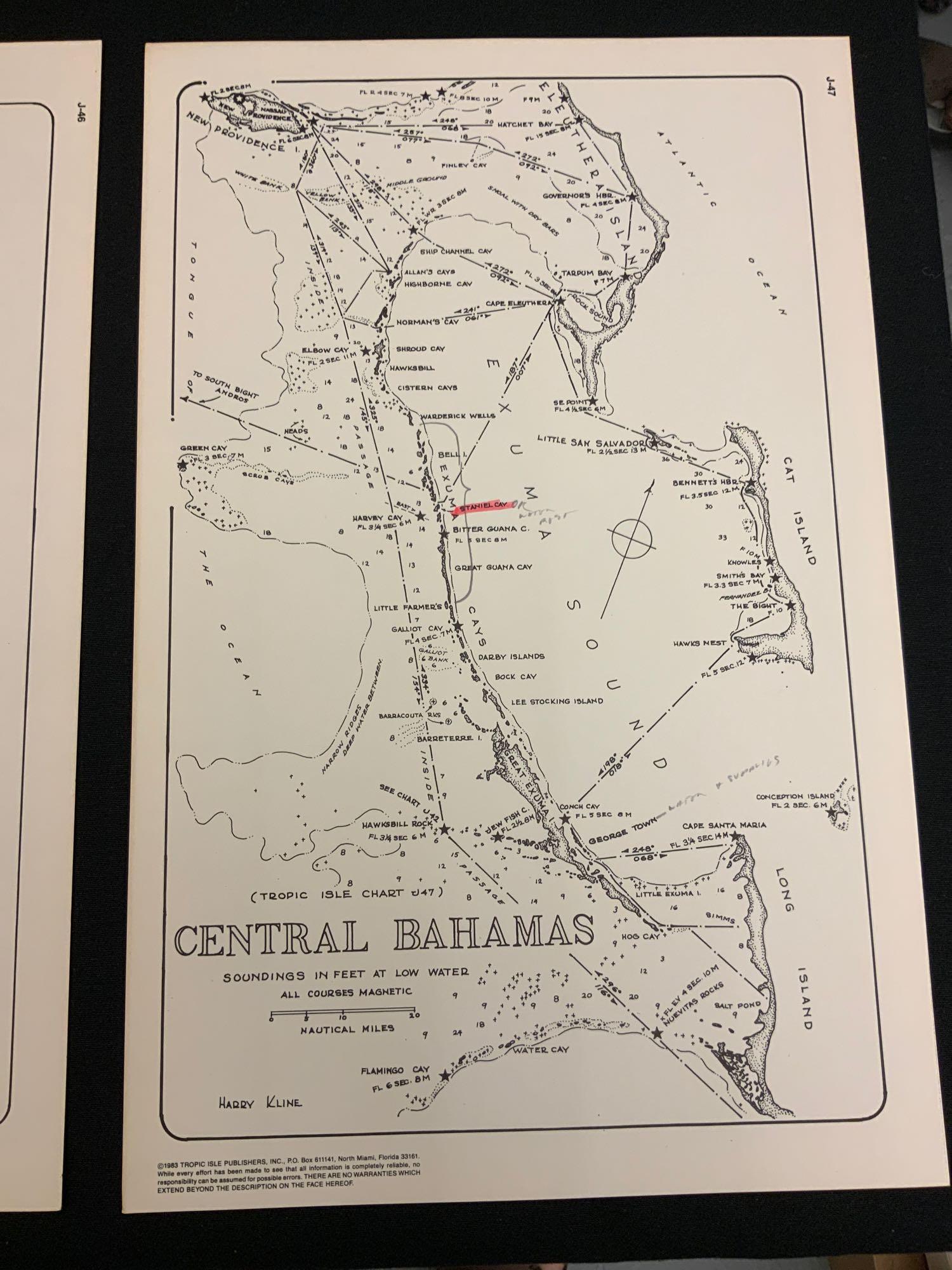 Boating Maps, central Bahamas, farmers cay galliot cut: Maps from 1981 tropic Isle publishers, Inc by Harry Klein, Central Bahamas, farmers Cay galliot cut, size 11“ x 17“