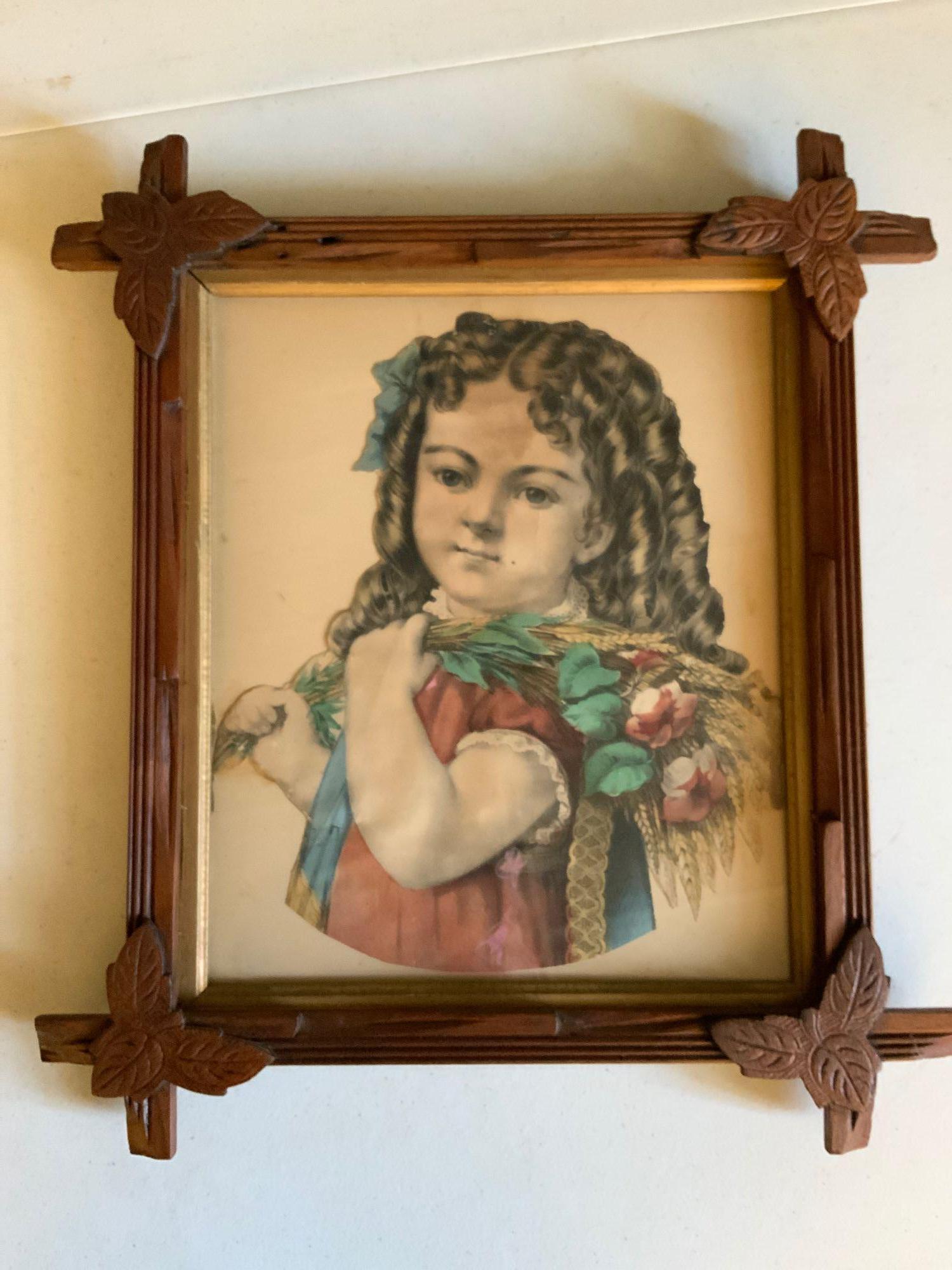 Antique vintage art: Antique vintage art of a little girl holding flowers etc. nice antique frame with this one