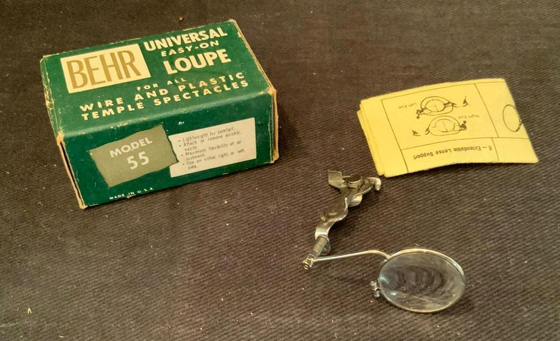 Behr, universal easy on loupe: Behr, universal easy on loupe, for all wire in plastic temple spectacles model number 55 made in West Bend, WI 53095, box in great condition loop looks like it’s never been used and instructions