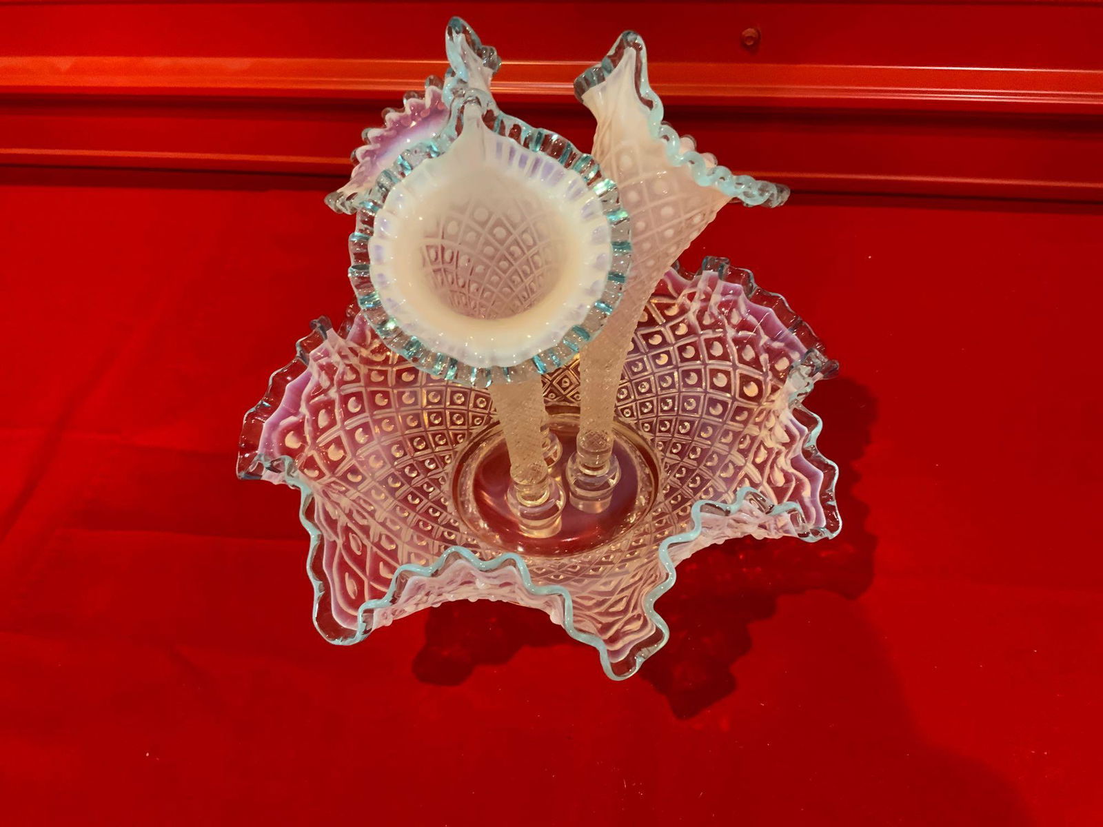 Fenton aqua 3 horn Epergne diamond lace large ruffled (1 of 6)