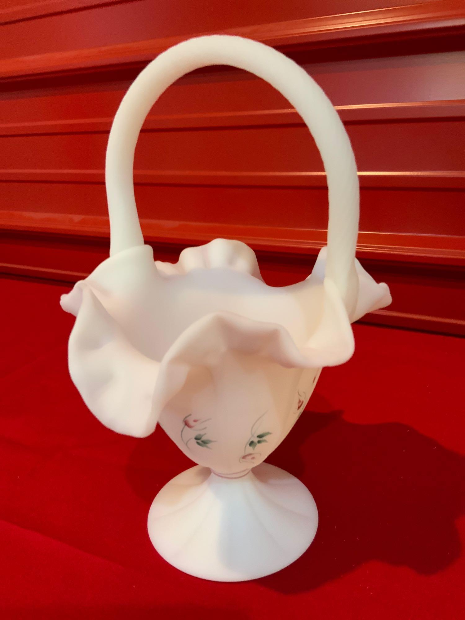 Fenton, White satin, ruffled basket hand-painted with (1 of 6)