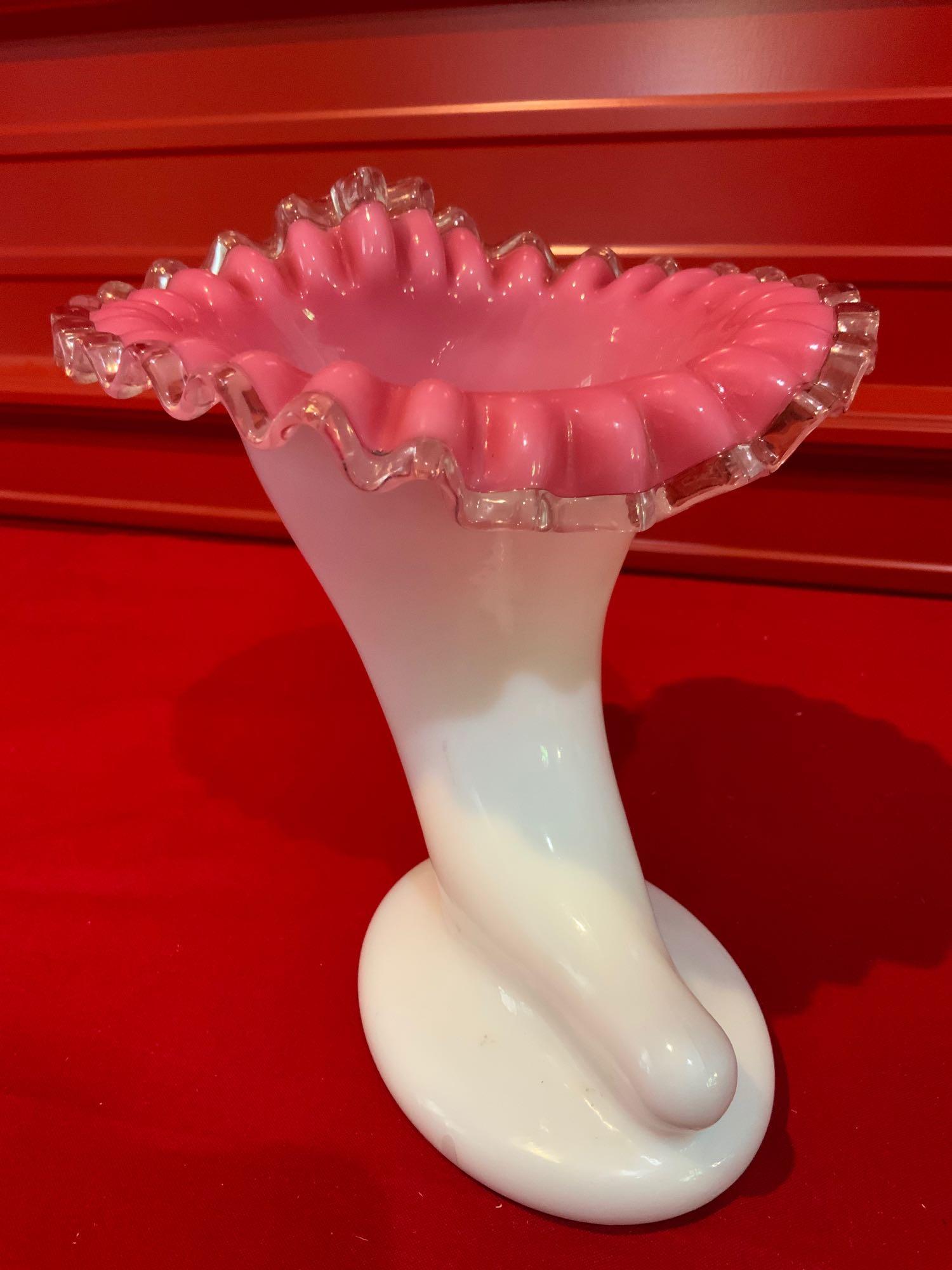 Fenton, pink crest large cornucopia vase (1 of 7)